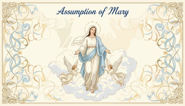 The Assumption of Mary, depicted with angels and ornate borders, a religious and artistic representation.
