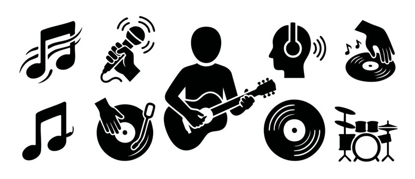 Music Icon Set Black Vector silhouettes featuring guitarist, DJ scratching vinyl record, drums, headphones, microphone, and musical note symbols for audio branding and audio production design elements