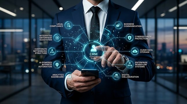 Businessman using smartphone interacting with a glowing CRM customer profile hologram displaying enterprise workflow and cybersecurity compliance icons
