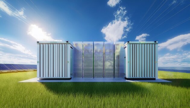 energy storage system unit or battery container for renewable power station on green grass with sunny sky background 3d rendering