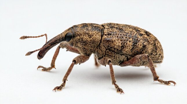 Detailed Macro Shot of a Weevil Insect on a White Background.