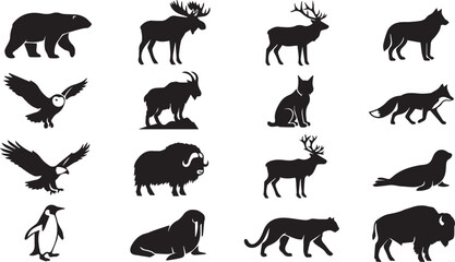 Fototapeta premium Collection of black silhouette wild animals including polar bear moose deer wolf owl eagle penguin musk ox