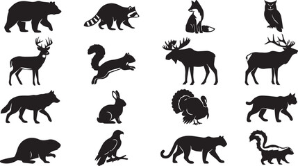 Fototapeta premium Collection of diverse North American wildlife animal silhouettes for design purposes