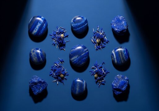Flat lay of smooth natural lapis lazuli gemstones and blue cornflower petals on dark background