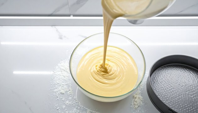 Smooth cake batter pouring from a glass bowl into a round baking pan for homemade desserts