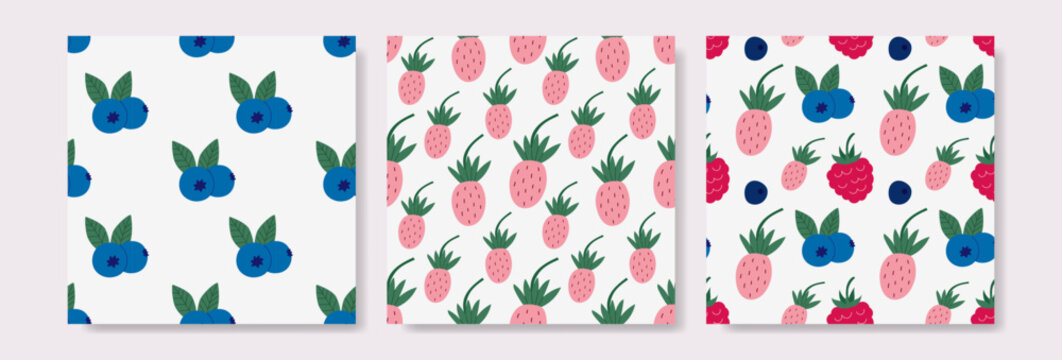 Cute fruit patterns with strawberries, blueberries, and raspberries