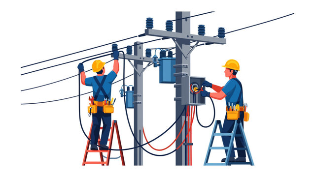 Electrical Power Line Maintenance: Two electricians in safety gear work on a power pole, tending to electrical lines and equipment.