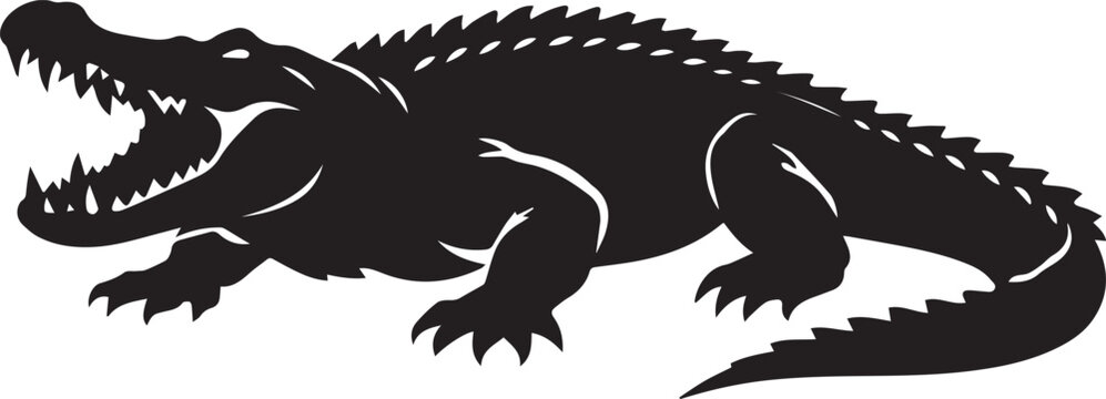 Silhouette of a ferocious alligator with its mouth wide open showing sharp teeth in a graphic illustration style