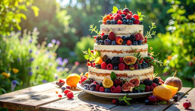 Spectacular tiered cake adorned with a vibrant cascade of fresh, colorful fruits and berries, perfect for outdoor celebrations