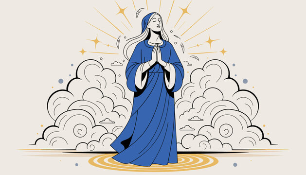 Stylized illustration of a serene woman in a blue robe, hands clasped in prayer, surrounded by divine light, stars, and clouds, evoking a sense of spirituality and devotion.