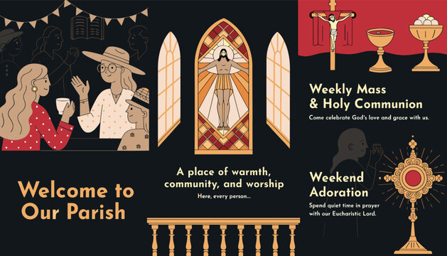 Graphic design welcoming people to a Catholic parish, featuring illustrations of community, stained glass, Mass, Holy Communion, and Eucharistic Adoration.