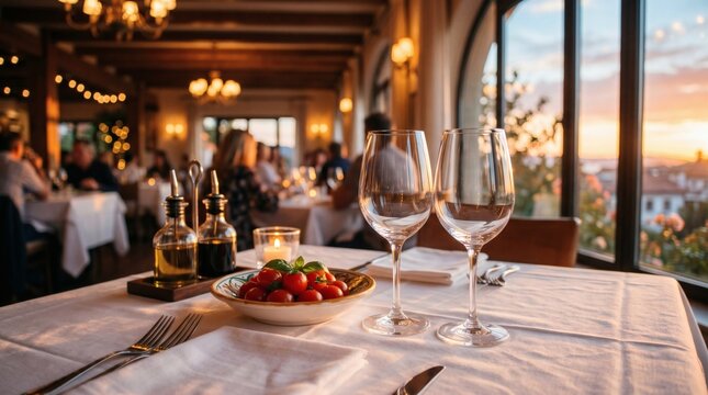 Elegant Restaurant Table Setting with Wine Glasses and Sunset View.