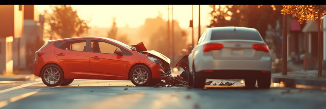 Two cars have crashed at an intersection during sunset, causing significant damage and potential traffic problems, leading to an insurance claim and repair costs