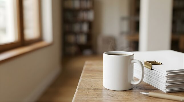White coffee mug and paper stack on wooden desk in library setting