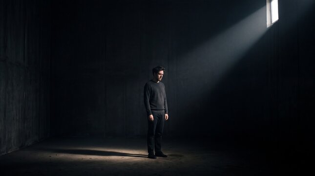 A man stands in a pitch-black concrete room as a single, dramatic beam of light pierces through a high window, conveying a somber visual feeling of profound isolation and hope.