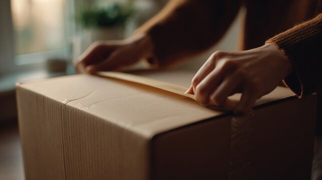 Close-up of hands sealing a cardboard box for shipping or moving. Abstract study of tactile material surface and texture, exploring density, depth and tangible physical embodiment.
