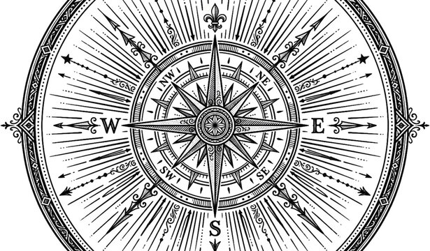 Vintage compass with radiating lines nautical adventure vector illustration isolated on white