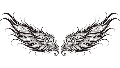 Intricate black and white stylized wings with swirling feather details, symmetrical ornamental design. © Ulum