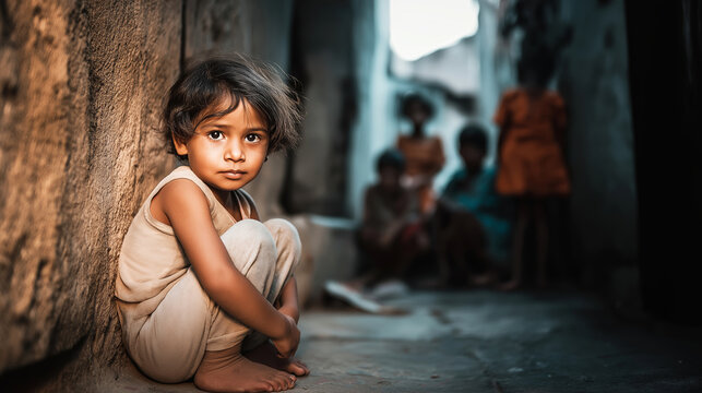 Young girl sitting alone in a poor alley, her gaze conveying innocence and vulnerability amid slum conditions and a challenging life