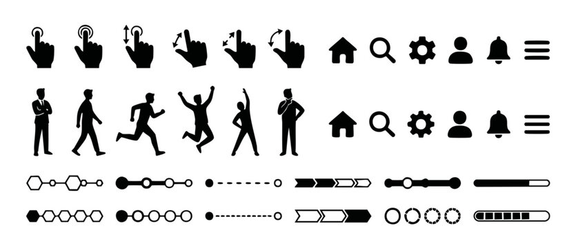 UI UX Icon Set Silhouette Vectors with Hand Gestures User Poses Navigation Buttons Progress Bars and Interface Elements for Web and Mobile App Design Mockups in Black and White Flat Minimal Style