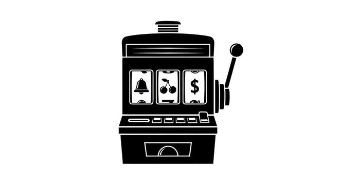 Black silhouette of a classic slot machine with a lever and reels showing symbols like a bell musical note and dollar sign on a white background.