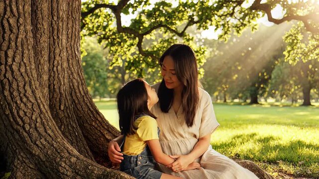Pregnant Asian mother and daughter embrace under tree in park on sunny day