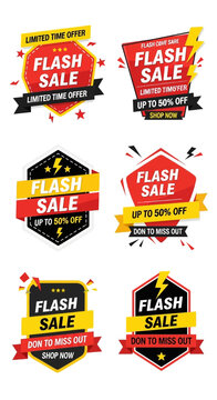 Flash Sale Icons Set: Limited Time Offer, Up to 50% Off, Shop Now Badges