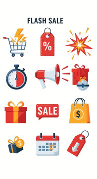 Flash Sale Icons: Shopping Cart, Gift Boxes, Megaphone, Sale Tag, Calendar & More