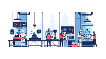 Fototapeta premium Robotics Workshop: A bustling robotics workshop where engineers and androids collaborate on advanced technology, showcasing innovation in artificial intelligence and automation.