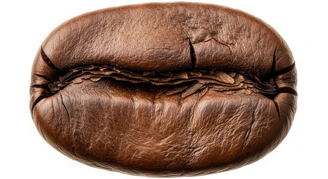 Extreme Close-Up Macro Shot of a Single Roasted Coffee Bean on a White Background.