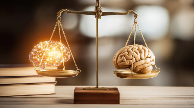 Golden balance scales comparing a glowing AI brain with a human brain, symbolizing technological advancement and ethical considerations