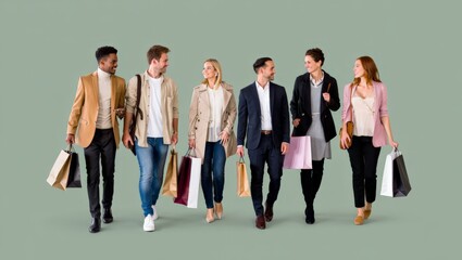 Obraz premium A diverse group of six adults walking together, carrying shopping bags, in a busy urban setting with a muted green background, conveying a sense of social interaction, community, and consumerism.