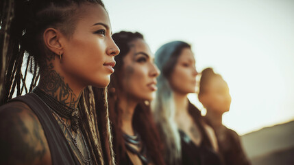 Obraz premium Diverse women with braids and tattoos standing together in natural light, embodying female strength and individuality