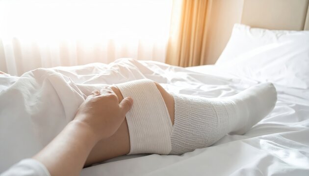 A person's leg with a white compression stocking being adjusted in a hospital bed with soft sunlight filtering through curtains.