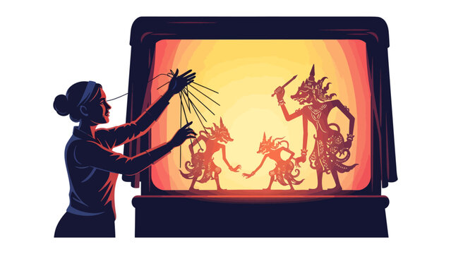 Shadow Puppetry Performance: A woman masterfully manipulates strings to bring traditional shadow puppets to life on a brightly lit screen, creating a captivating visual storytelling experience.