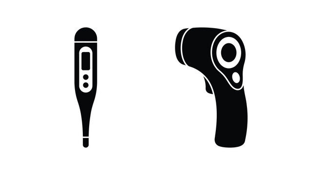 Digital thermometer and infrared temperature gun silhouettes on a white background silhouette non contact medical device health