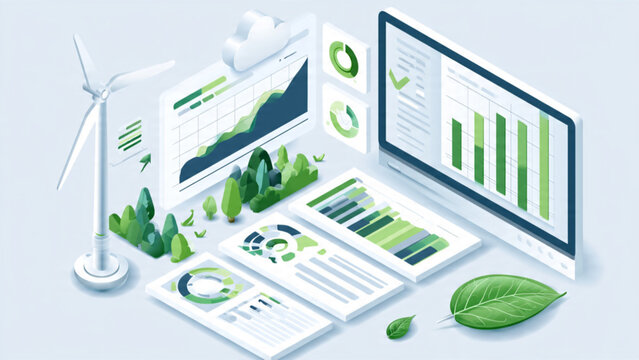 Environmental data analysis with digital screens featuring graphs charts and eco-friendly elements emphasizing sustainability and renewable energy themes
