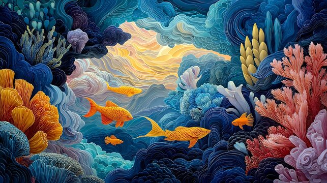 Vibrant underwater coral reef teeming with golden fish and fantastical flora ocean photo