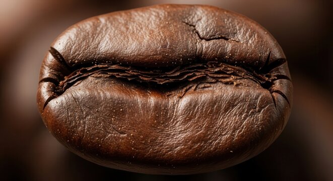 Extreme Close-up Macro Shot of a Single Roasted Coffee Bean with Detailed Texture.