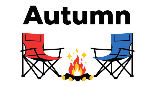 Autumn Campfire Scene: A cozy outdoor scene featuring two camping chairs facing a warm, crackling campfire with the word Autumn prominently displayed above.