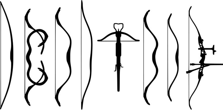 Set of various archery bow and crossbow silhouettes including recurve, compound, and longbow designs isolated on white