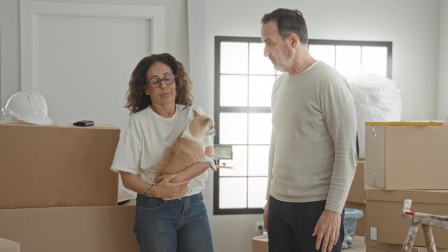 Middle aged couple with woman holding small dog while man gestures with open hands amid packed boxes in a building; moving stress tension.