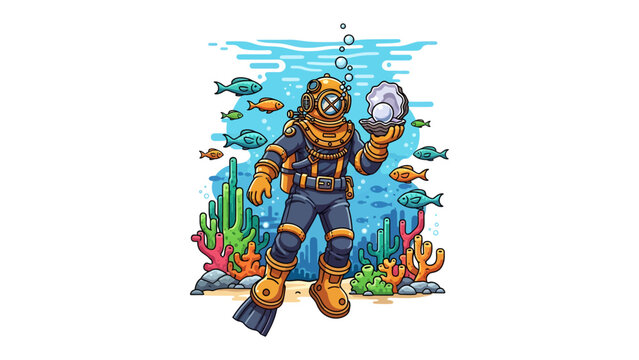 Retro Diver with Pearl: An illustrated vintage deep-sea diver in a classic suit and helmet holds a luminous pearl, surrounded by colorful coral reefs and schooling fish in an underwater scene.