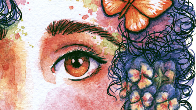 Close-up of a person&acirc;&euro;&trade;s eye with butterfly illustration in watercolor style