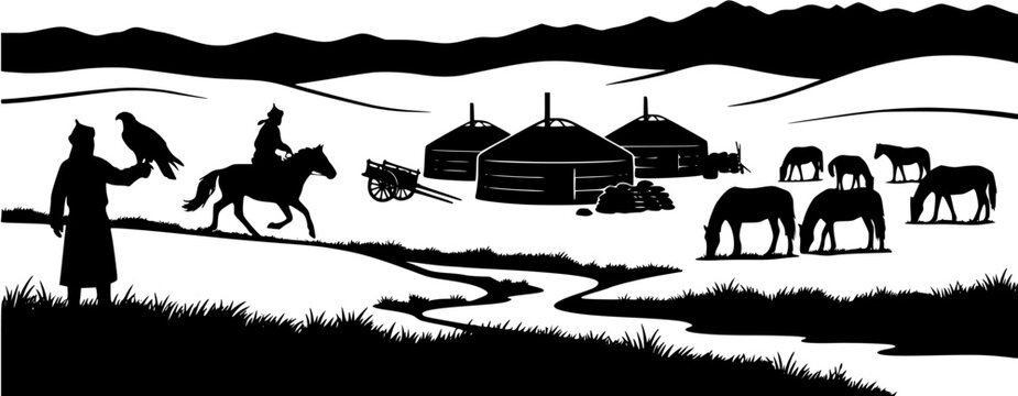 Nomadic people with eagle and horses near yurts in the mongolian steppe landscape, traditional nomadic lifestyle, travel concept