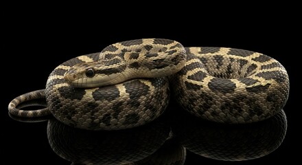 Fototapeta premium Coiled Rattlesnake Isolated on a Black Background.