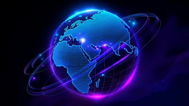 Glowing digital Earth with neon blue and purple hexagonal patterns rotating slowly futuristic technology animation