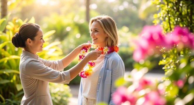 Smiling woman receiving a floral lei at a tropical resort. Guest welcome and hospitality concept during golden hour