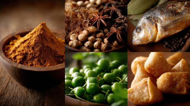 A culinary collage of Bangladeshi ingredients, curry powder, whole spices, dried fish, green eggplant and traditional fried snacks