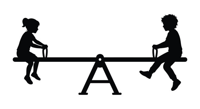 Two children playing on a seesaw depicted as a black silhouette against a white background teeter totter